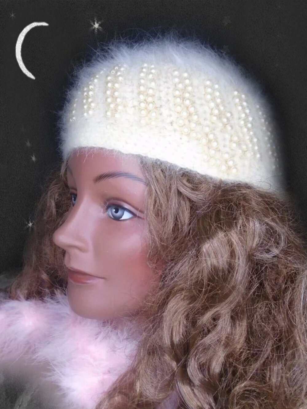 Formal Beanie Beaded Angora Cap Hat with Sparkle Edgy Vintage Winter Bride